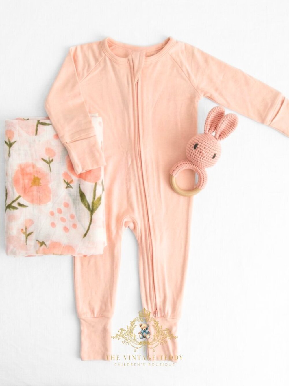 NWT Cute Baby Gift Set Pajamas Blanket Bunny Rattle Pretty as Peach Flower 3-6M